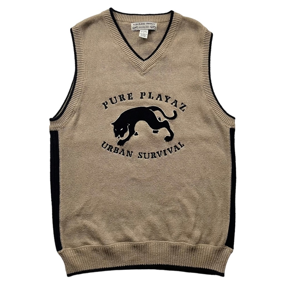 Vintage 90s Pure Playaz Panther Tan Sweater Vest